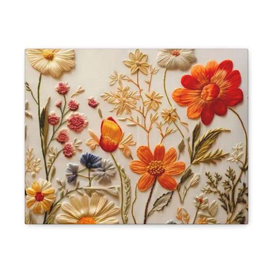 Floral Embroidery Garden Canvas Print — Orange & Cream Stretched Wall Art