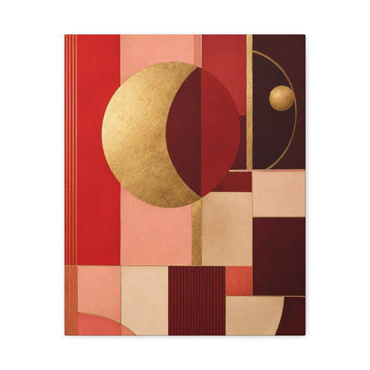 Abstract Geometric Moon Canvas Print — Red & Gold Modern Wall Art
