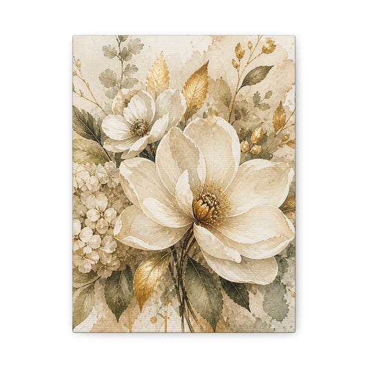 Neutral Botanical Canvas Print - Vintage Floral Magnolia Wall Art, Matte Stretched