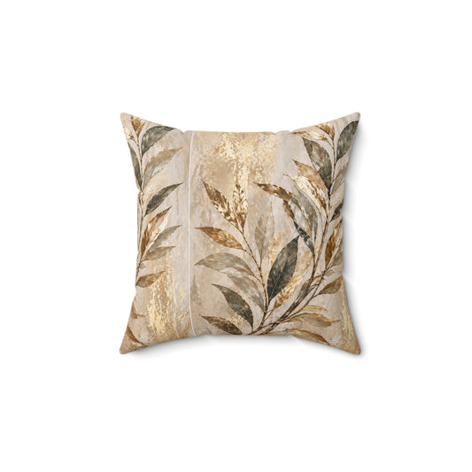Botanical Gold Leaf Pillow — Neutral Abstract Floral Decorative Throw Pillow