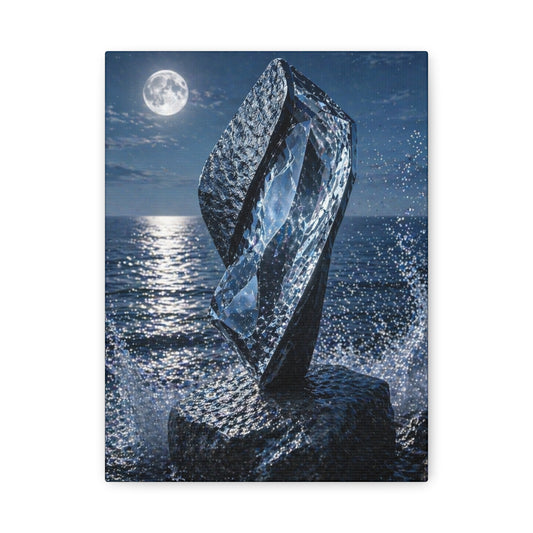 Moonlit Crystal Sculpture Canvas Print — Surreal Ocean Wall Art