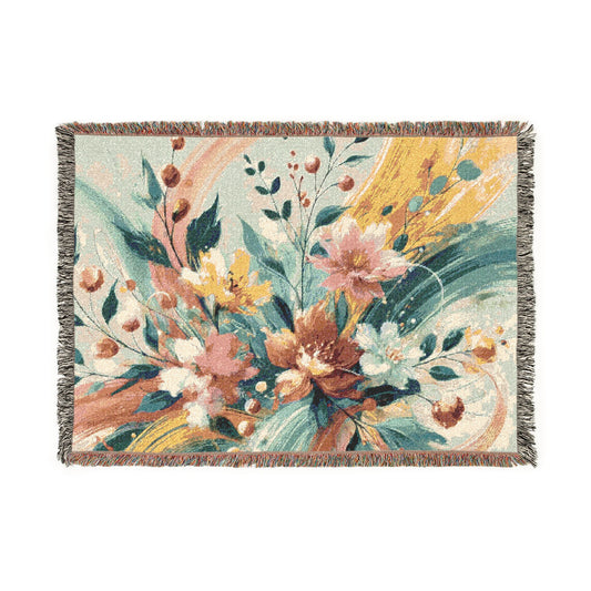 Floral Abstract Woven Throw Blanket — Boho Floral Tapestry Blanket for Living Room & Bedroom